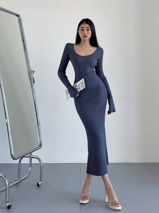 liviahome show figure low round neck trumpet sleeve knitted fishtail dress women's autumn and winter inner bag hip dress