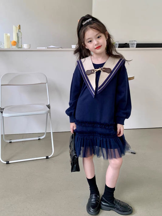 Original girls' college style sweater dress autumn little girl stitching mesh skirt children's knitted navy collar dress