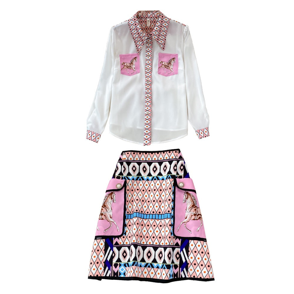 Fashion suit female celebrity temperament positioning printing loose long-sleeved shirt two-piece high waist skirt short skirt spring