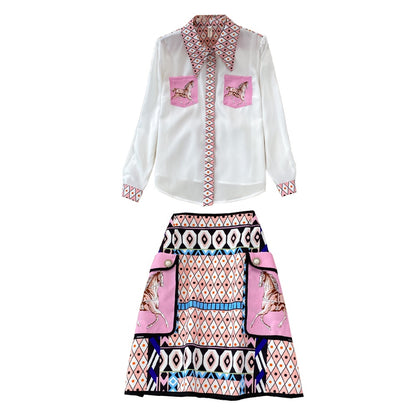 Fashion suit female celebrity temperament positioning printing loose long-sleeved shirt two-piece high waist skirt short skirt spring