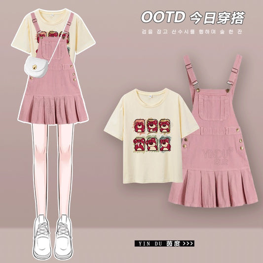 College style sweet puff sleeve shirt skirt spring women's 2023 new age-reducing pink suspender dress suit
