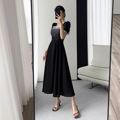 Guoge custom black dress women's 2022 summer new square collar French temperament slim Hepburn dress