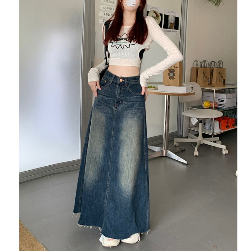 Korean version of high waist retro denim skirt women's spring a-line umbrella skirt straight skirt design sense mid-length skirt