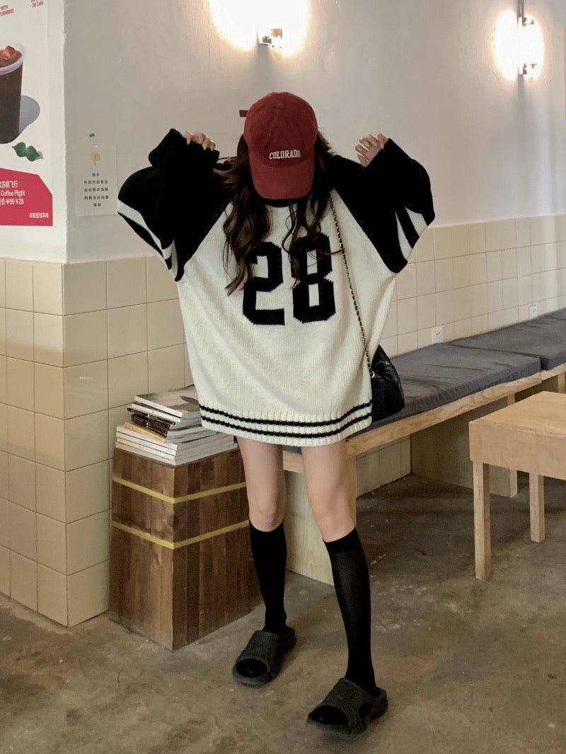 kumikumi loose all-match lazy wind sweater women 2022 autumn new contrast color round neck pullover knitted top