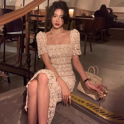 From a water-soluble lace dress women's spring dress 2022 new square collar French niche design atmosphere skirt