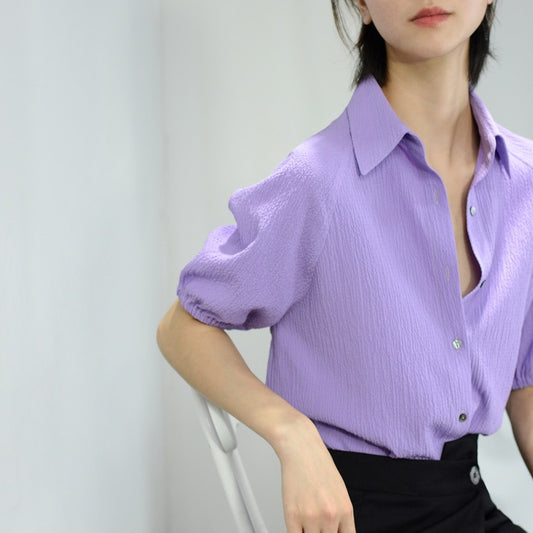 TRR Gentle Wind Taro Purple Three-dimensional Vertical Texture Loose Short-sleeved Shirt Small Girly Top Shirt Summer