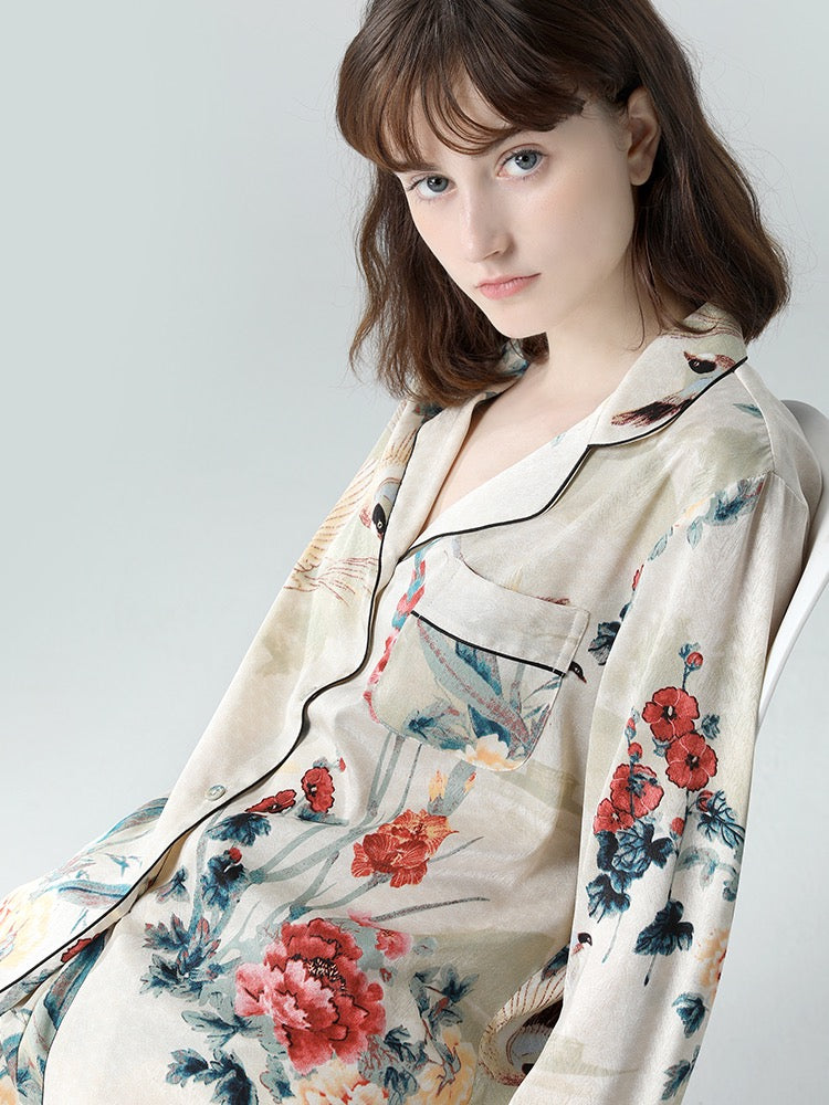 IIZZINI original women's pajamas spring and autumn long-sleeved ice silk national style ink printing luxury silk home service suit