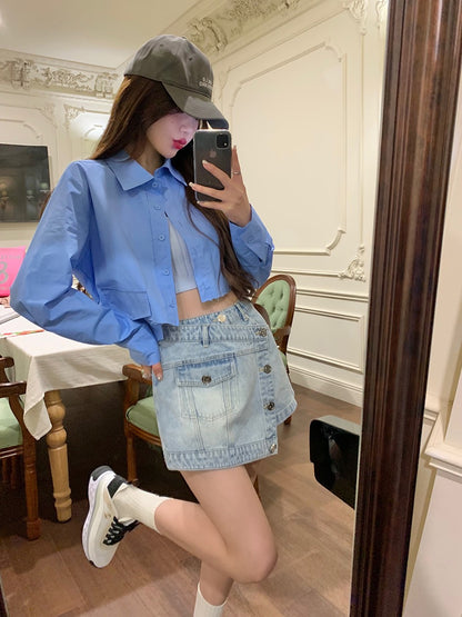 Qiaoqiao qiaoqiao "Long-legged mvp" spring design with old-fashioned splicing hot girl denim short skirt