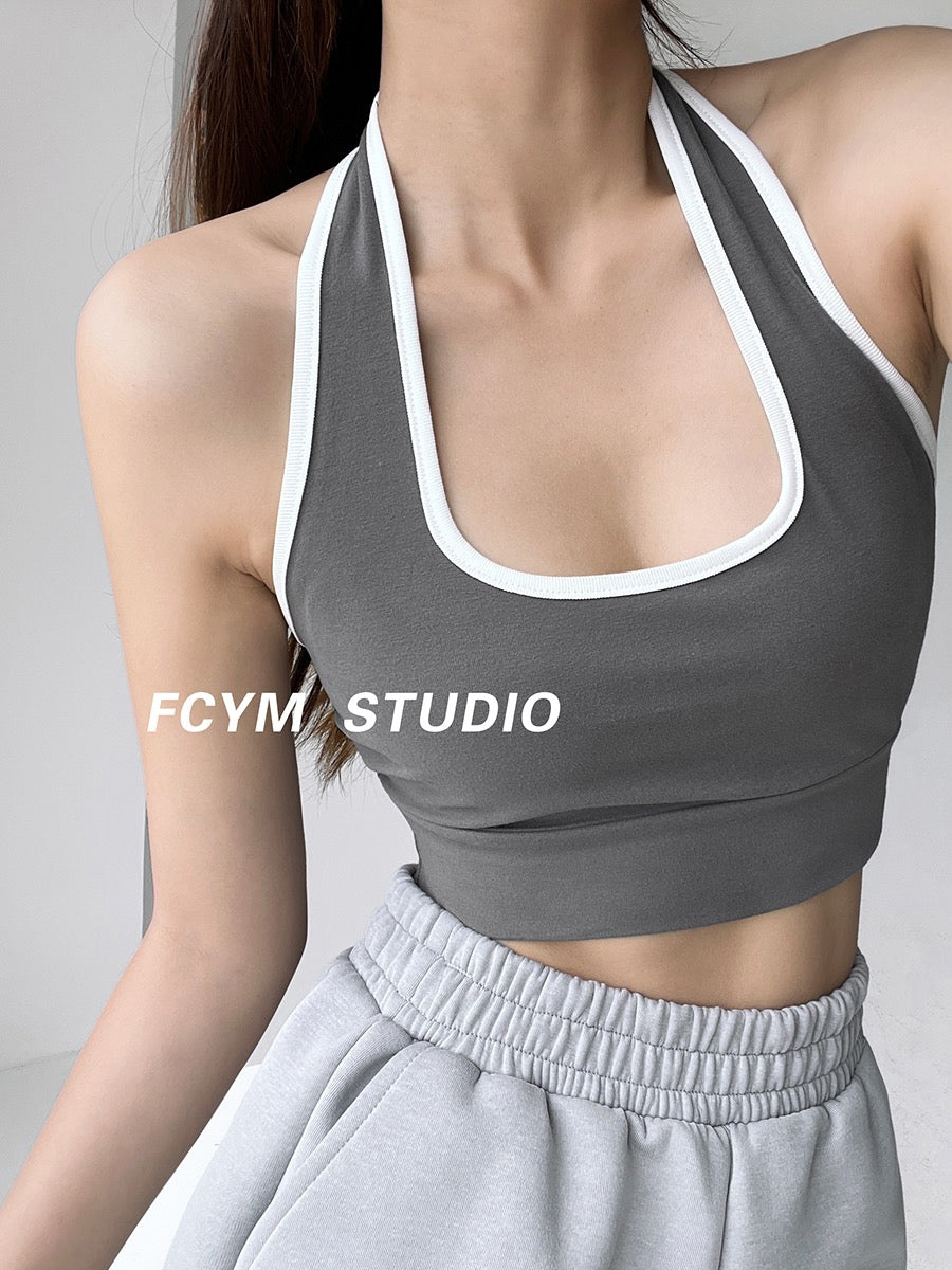 European and American color contrast halter neck halter camisole women's summer slim outerwear elastic sexy hot girl short crop top