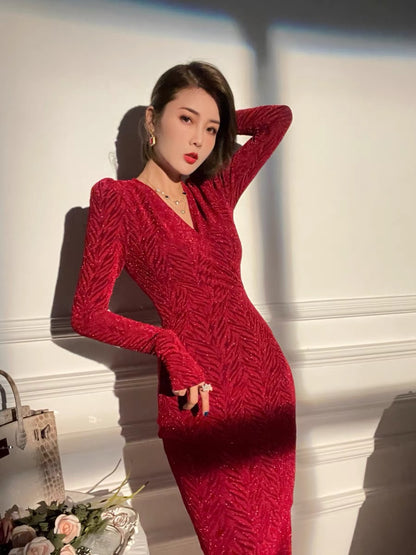 XULU's original high-elastic bright silk jacquard waist is thin and wraps the hips, light luxury, elegant temperament, goddess fan, long-sleeved fishtail skirt 1185