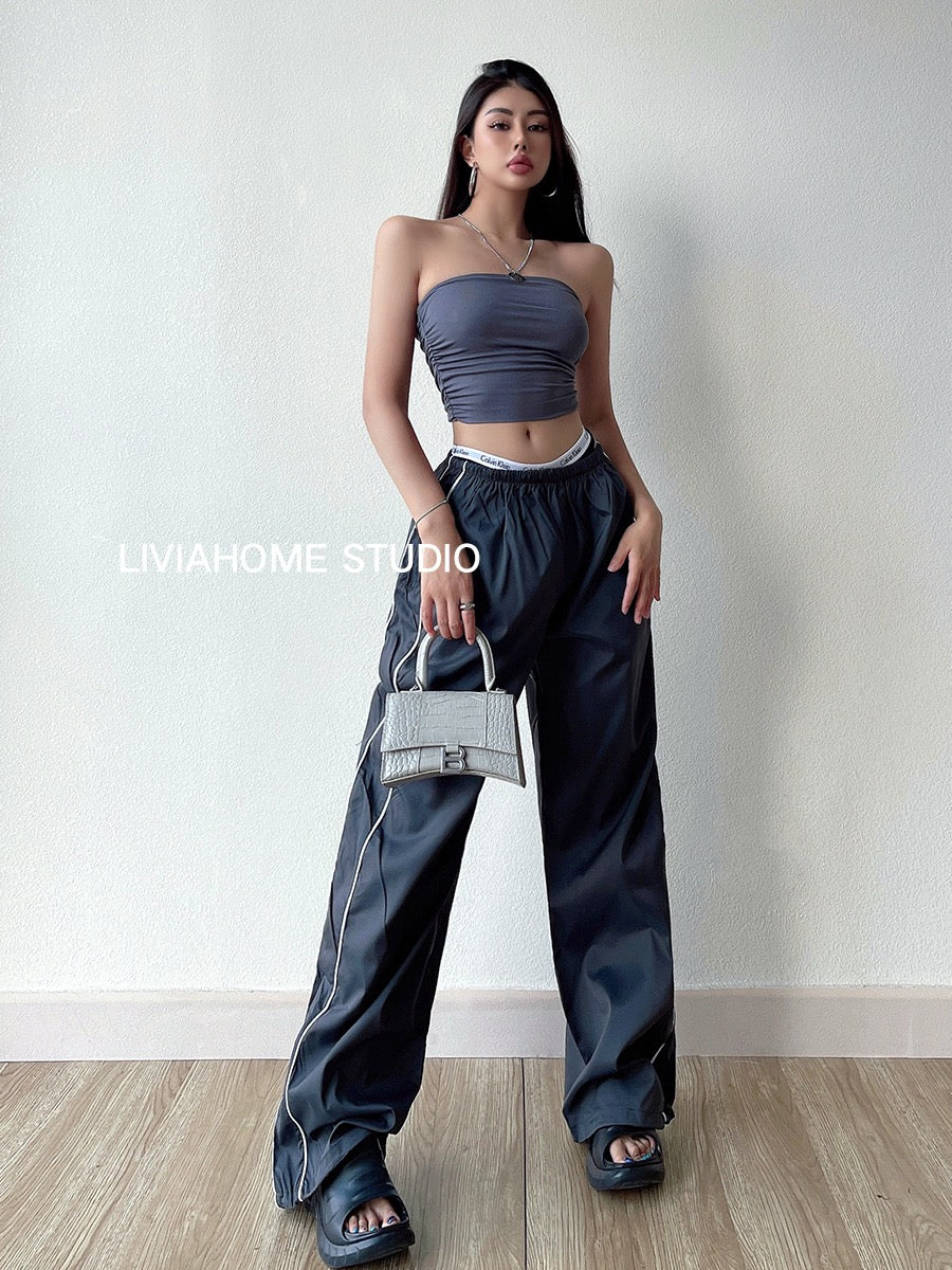 liviahome American retro high waist all-match sports casual pants women's loose slimming sports pants trousers