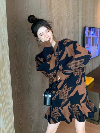 American style this year's hot sweater dress loose pullover knitted sweater women's autumn and winter with coat mid-length fishtail skirt