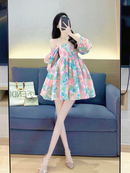 Fugitive princess tutu skirt 2023 summer new sweet French square collar puff sleeve waist floral dress 2014