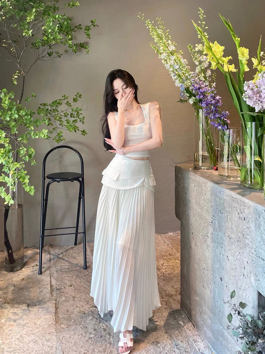 For Fay white pleated skirt women's summer high waist long skirt drape A-line skirt