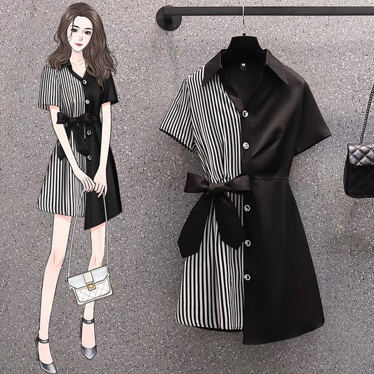 256 summer new fat mm thin design sense black and white stitching fake two-piece temperament dress shirt skirt