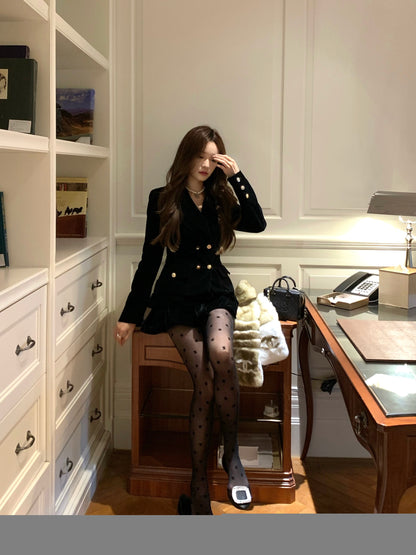 COOLLINE Lin Zixi Champs Elysees Black Gold Buckle Velvet Waist Slim Fashionable Coat Women's Padded Top