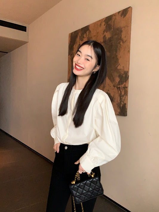 pusumede French style puff sleeve shirt women 2022 winter design sense loose and versatile round neck layered top