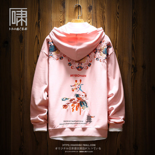 brand national tide embroidered hooded sweater men's Japanese vintage