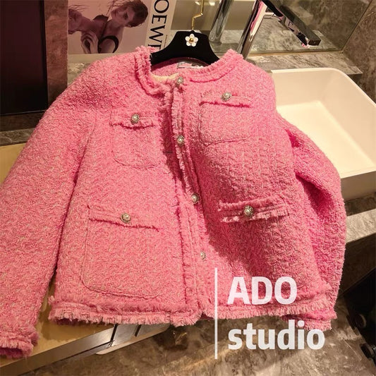 Down jacket small fragrance coat women's 2022 autumn and winter new pink tweed round neck raw edge temperament all-match top