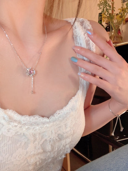 Delicate and sweet pink zirconium tassel necklace girls light luxury niche design sense high-end necklace temperament versatile clavicle chain