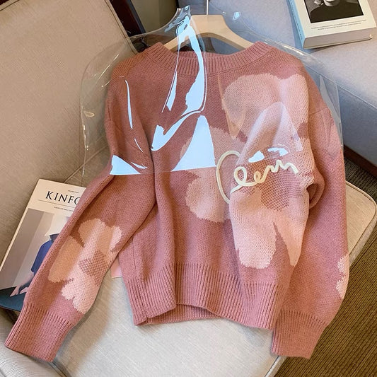 Pink sweater women's lazy style autumn 2022 new gentle loose all-match pullover printed knitted bottoming shirt