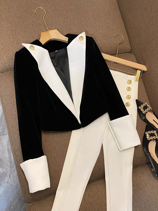Spring and autumn high-end short professional casual small suit black and white stitching high-end suit jacket female 6825