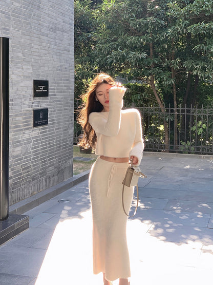 ByYou winter high-quality apricot imitation mink knitted sweater suit women's thickened long hip skirt two-piece set