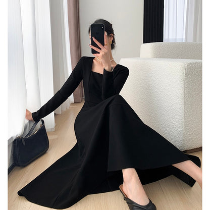 Guoge customized black dress female 2023 spring new square collar slim temperament Hepburn style long-sleeved skirt