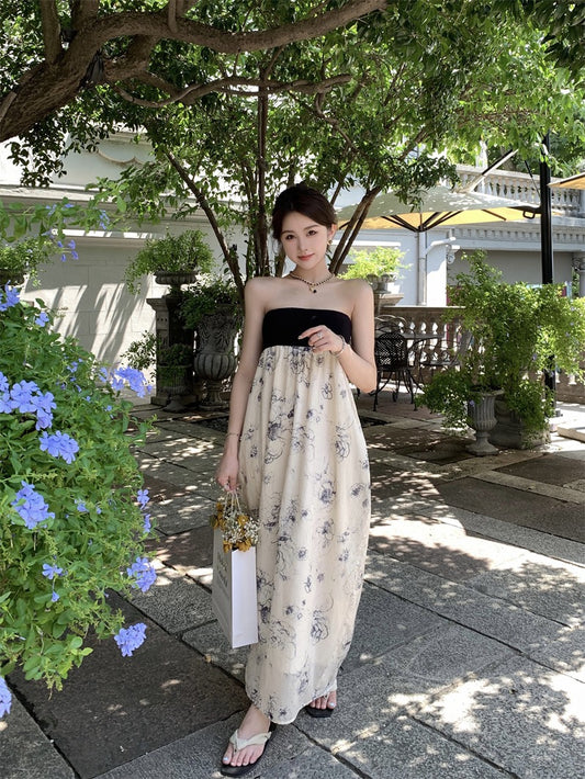 Black and white ink printing niche design sense retro high-end tube top dress women's summer seaside holiday dress