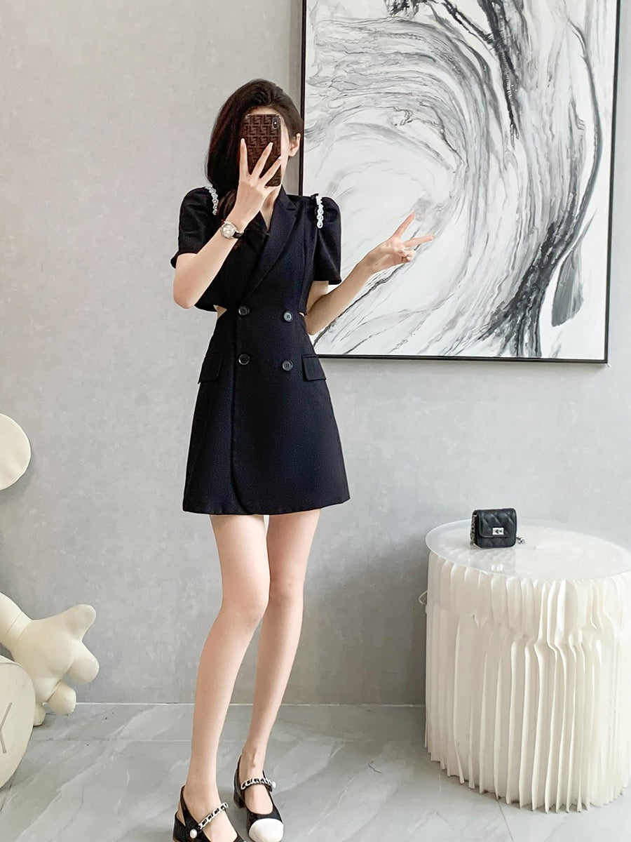 2023 summer new French temperament British style high-end design sense niche black waist suit dress female