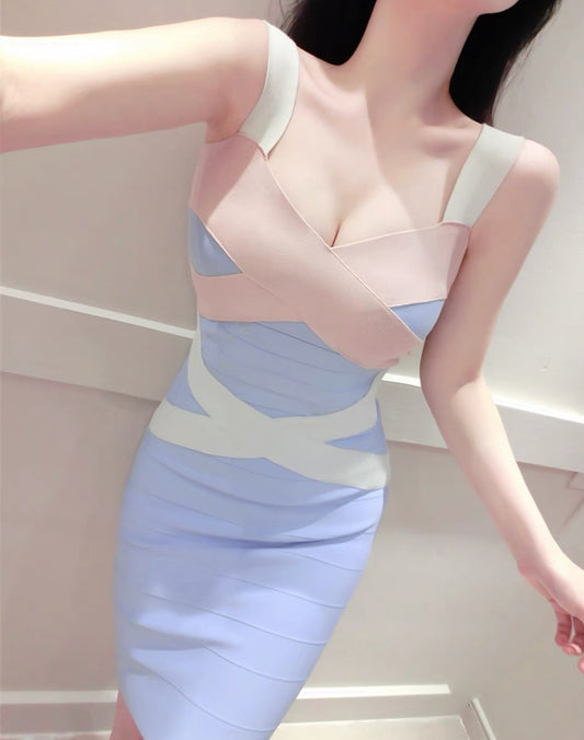 Bandage Sling Sexy Slim Pack Hip Colorblock Dress