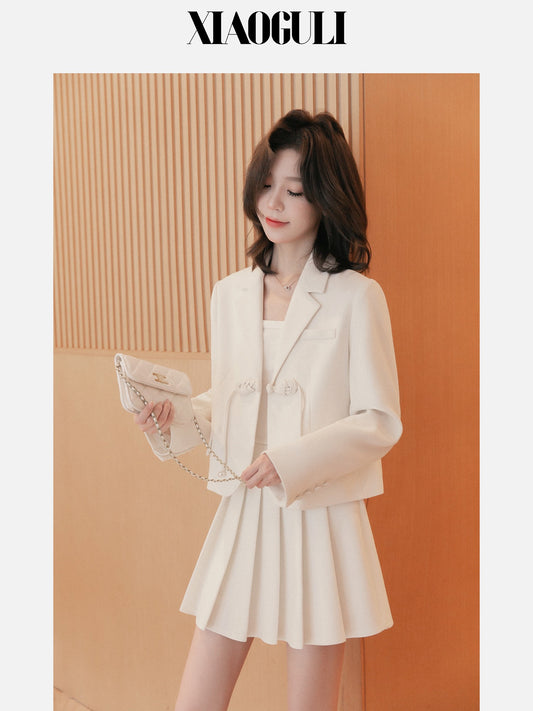 Small grain casual suit jacket women's skirt 2023 spring new pleated a-line skirt small suit