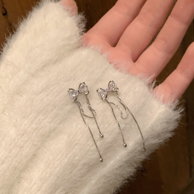 Bowknot long tassel earrings femininity earrings high-end light luxury earrings niche design sweet earrings
