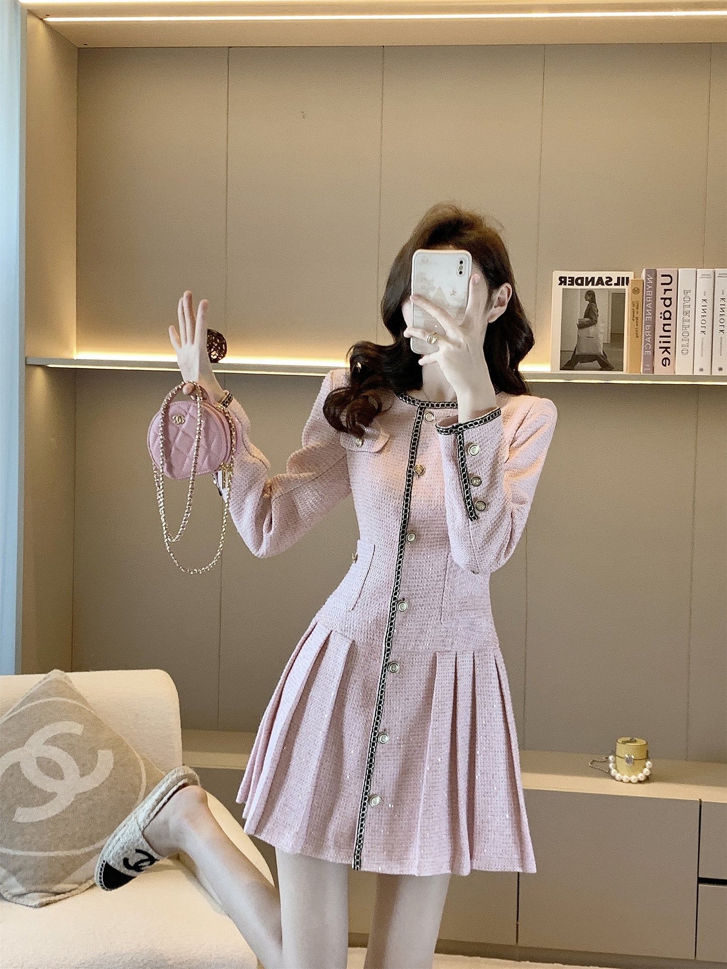 MUEL ◆French style small fragrance dress women's 2022 autumn and winter new high-end temperament waist slimming skirt