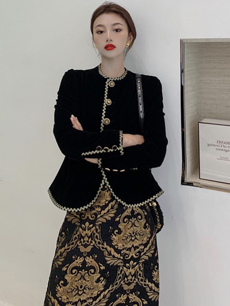 Plus-size women's clothing French retro celebrity velvet jacket Chinese style national style high-end heavy industry embroidery