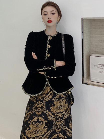 Plus-size women's clothing French retro celebrity velvet jacket Chinese style national style high-end heavy industry embroidery