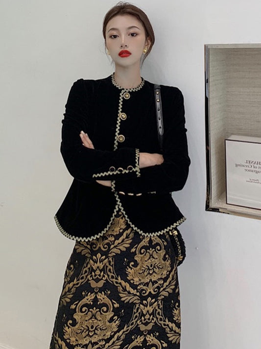 Plus-size women's clothing French retro celebrity velvet jacket Chinese style national style high-end heavy industry embroidery