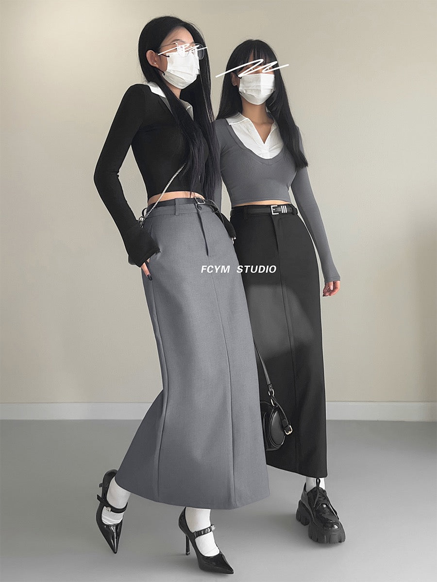 High-end retro high-waist temperament suit skirt female slim slim side slit a-line long skirt straight skirt