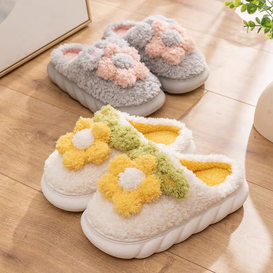 Cute flower cotton slippers women's autumn and winter indoor home stepping on shit plus velvet warm household thick bottom non-slip cotton shoes
