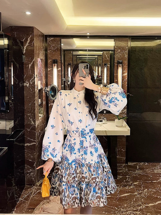 BETTER LS Spring 2022 New Women's French Retro Palace Style Stand Collar Lantern Sleeve Print Dress