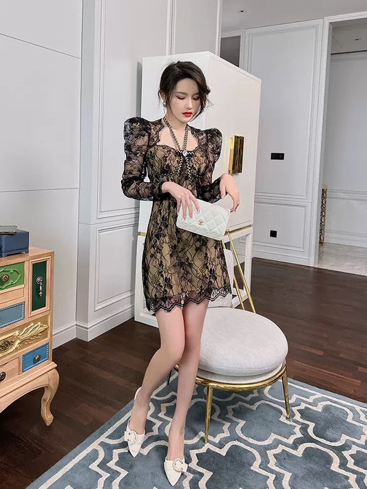 European station lace sexy dress women's autumn 2022 new long-sleeved halter neck waist slimming hip short skirt 1541