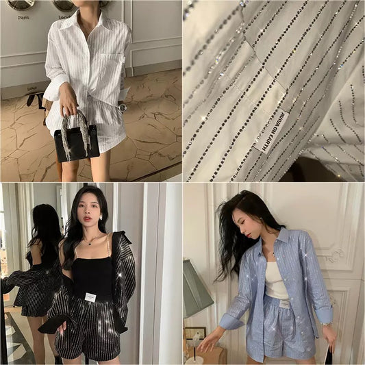 [Earth Store] 6w Austrian Diamond Heavy Industry Hot Drill Loose BF Style Long Sleeve Shirt Shorts Two-piece Suit Female Summer 1588