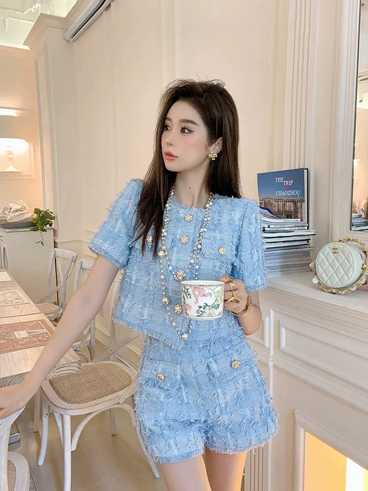 [Earth Shop] Blue fog age reduction net red Xiaoxiang woven two-piece shorts casual suit female 2022 summer new style 1684
