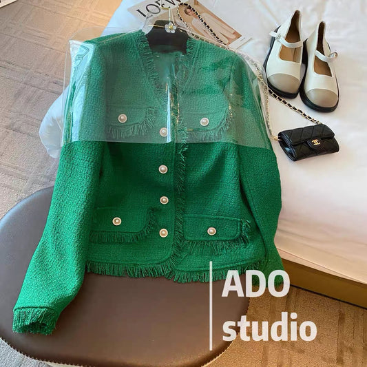 Green small fragrance coat women's 2022 autumn new French ladies temperament high design sense niche top
