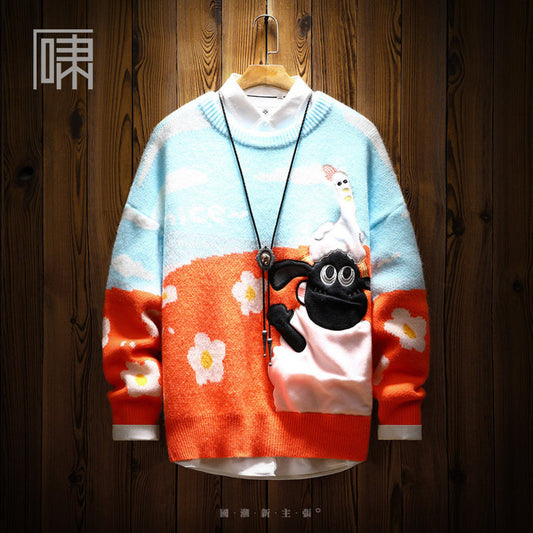 Autumn trendy brand Guochao Hong Kong style sheep patch sweater Men's Japanese style lazy style couple wear knitted sweater