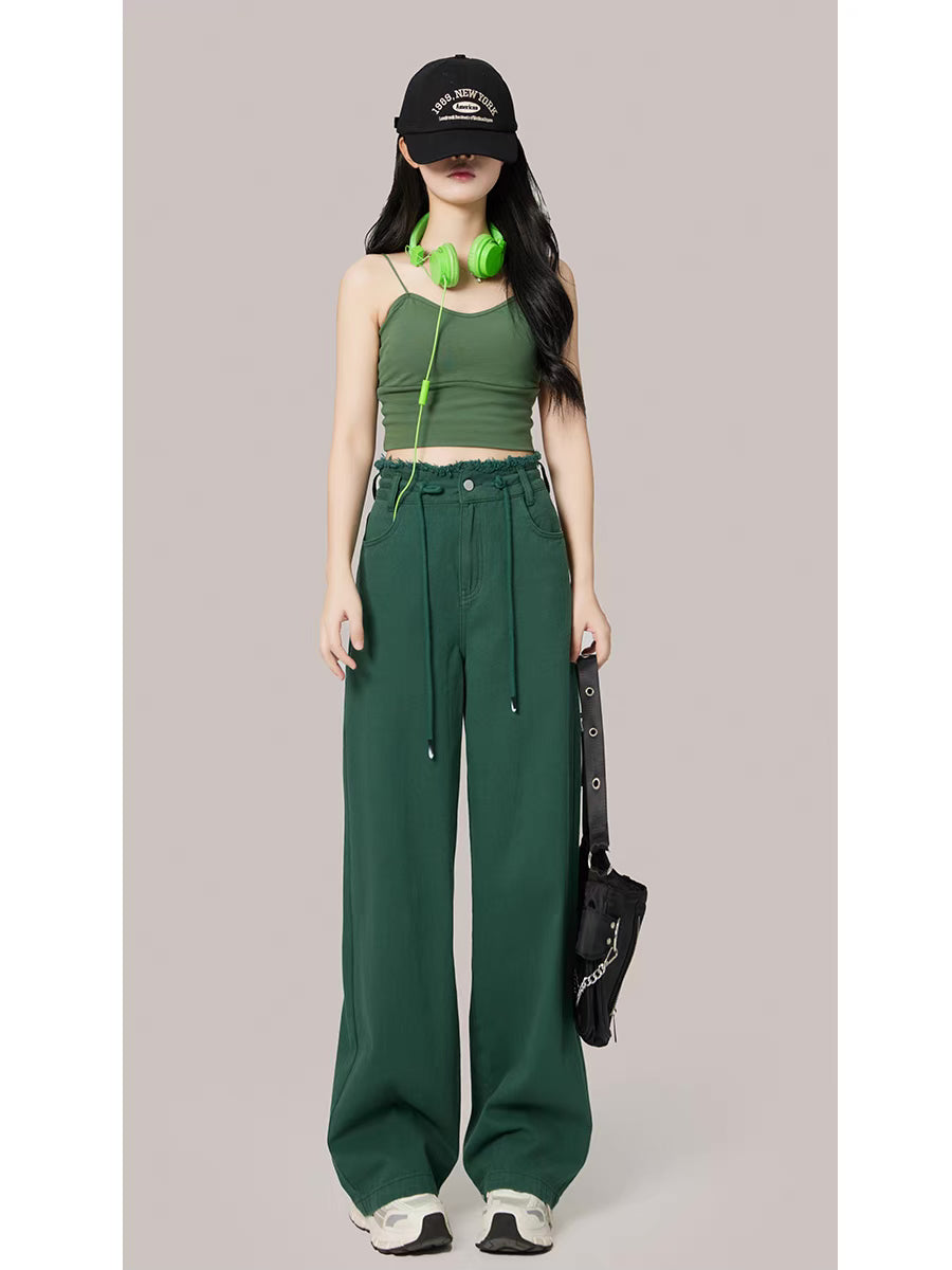 Design sense wide-leg jeans women's 2022 autumn new high waist drawstring slim straight mopping pants long pants
