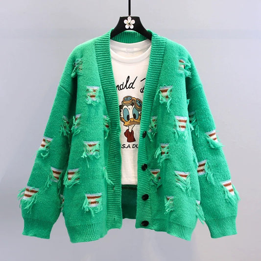 Tassel design sense early autumn sweater coat women's 2022 new Korean version loose and lazy style V-neck knitted cardigan