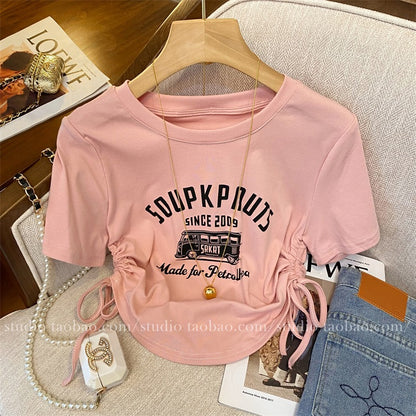 Double drawstring waist slimming foreign style printed short-sleeved T-shirt women's 2023 summer new sweet waistless beautiful top