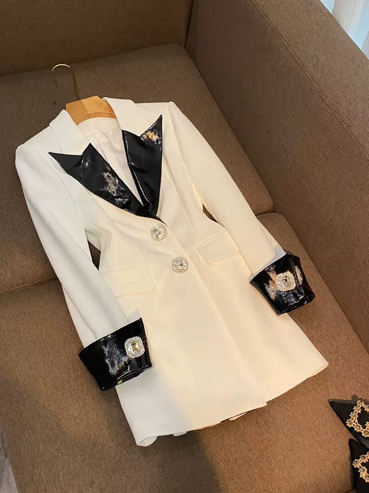 European station Europe and the United States 2022 contrast color leather collar diamond button slim long-sleeved suit jumpsuit 5888 dress