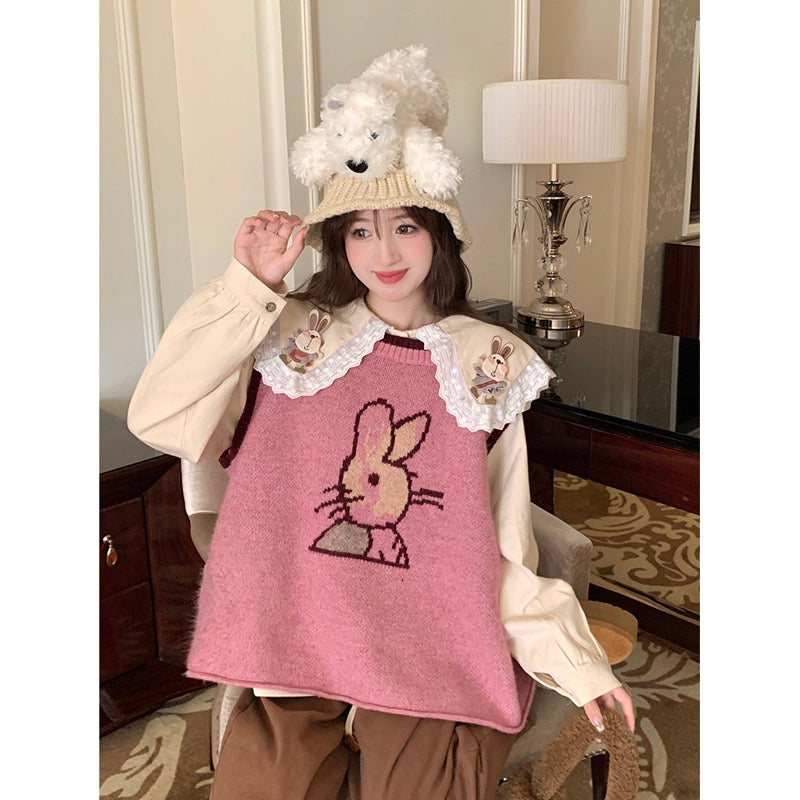 Sweet forest cartoon knitted vest doll collar embroidery layered shirt women's autumn 2022 new fashion suit